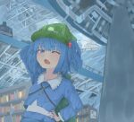  1girl arm_up backpack bag blue_eyes blue_hair eyebrows_visible_through_hair green_headwear hair_bobbles hair_ornament hand_on_hip hat highres kawashiro_nitori key long_sleeves looking_at_viewer one_eye_closed short_hair short_twintails solo touhou twintails upper_body xp543387 yawning 