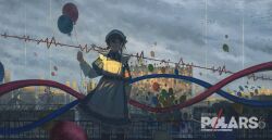  1girl abstract absurdres apron balloon bird blue_dress blue_hat blue_ribbon braid brown_hair building cardiogram chinese_text city cityscape clouds cloudy_sky colorful copyright_request dress english_text expressionless fence flock glitch glowing glowing_eyes green_eyes hat highres holding holding_balloon iron_fence jili51232 logo long_sleeves outdoors red_ribbon ribbon rooftop scenery shadow sky solo standing sunlight twin_braids 