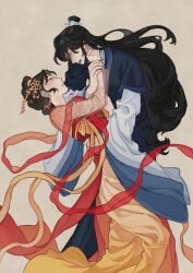  2girls absurdres black_eyes black_hair blue_hanfu charathegay chinese_clothes chinese_hairpin commentary earrings english_commentary floating_earrings hair_ornament hair_stick hanfu highres holding_another's_wrist jewelry jing_wei_qing_shang long_hair multiple_girls nangong_jingnu qiyan_agula red_hanfu see-through_clothes see-through_sleeves topknot very_long_hair wide_sleeves xiao_guan_(headdress) yellow_eyes 