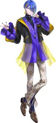  1boy asymmetrical_hair black_jacket black_nails black_shirt blonde_streaks blue_eyes blue_hair blue_streaks brown_pants brown_shoes buttons cropped_jacket ear_piercing earrings frilled_sleeves frills full_body hair_over_one_eye highres jacket jewelry koujisako lapels layered_clothes layered_sleeves long_sleeves luka_(strange_eden) male_focus multicolored_hair multicolored_jacket multiple_rings nail_polish necklace notched_lapels official_art open_clothes open_jacket pants partially_unbuttoned patterned_legwear piercing puffy_sleeves purple_shirt ring shirt shoes silver_ring strange_eden streaked_hair third-party_source turtleneck turtleneck_shirt two-sided_fabric two-tone_jacket yellow_jacket zipper 