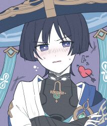  1boy aqua_gem black_bodysuit black_hair blue_cape blue_hat blue_jingasa blue_kimono blunt_ends blush bodysuit bright_pupils cape choppy_bangs commentary covered_collarbone crossed_arms embarrassed eyeliner fingernails furrowed_brow gem genshin_impact gold gold_ring hand_on_own_arm hat highres japanese_clothes jingasa juban kamin00411 kimono looking_at_viewer makeup male_focus mandarin_collar middle_ring open_clothes open_kimono open_mouth portrait purple_background red_eyeliner scaramouche_(genshin_impact) shoulder_peek side_cape solo straight-on sweat tsurime untranslatable_commentary violet_eyes vision_(genshin_impact) wanderer_(genshin_impact) white_kimono white_pupils white_sleeves 