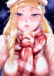  1girl beret blonde_hair blush breasts commentary_request cover cover_page dosanko_gal_wa_namaramenkoi fuyuki_minami hair_ornament hairclip half-closed_eyes hat highres ikada_kai long_hair looking_at_viewer manga_cover medium_breasts official_art parted_lips pink_hat pink_lips pink_sweater plaid_clothes plaid_scarf red_scarf scarf shadow snowflake_hair_ornament snowflakes solo sweater textless_cover_page upper_body violet_eyes 