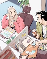  1boy 1girl absurdres black_hair brown_eyes can chair commentary computer_mouse drink_can english_commentary folder from_above green_shirt hana_(winchestermegg) highres hijab holding holding_can holding_folder indoors jacket looking_at_another monitor office office_chair open_clothes open_shirt original pencil pink_jacket plant potted_plant shirt short_hair sitting swivel_chair white_hijab white_shirt winchestermegg 