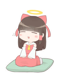  1girl ascot black_hair blunt_bangs blush bow closed_eyes commentary_request cookie_(touhou) cushion detached_sleeves dress full_body hair_bow hair_tubes hakurei_reimu halo highres long_hair open_mouth pillow red_bow red_dress seiza simple_background sitting sleeveless sleeveless_dress solo tanukichi_(senza555) touhou white_background white_sleeves yamasaka_aimi yellow_ascot yellow_halo zabuton 