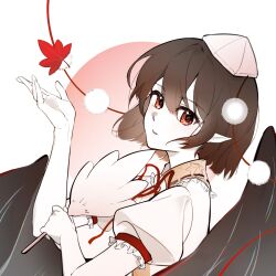  1girl bird_wings black_wings chinese_commentary collared_shirt commentary_request hat hauchiwa highres holding looking_at_viewer neck_ribbon pointy_ears pom_pom_(clothes) puffy_short_sleeves puffy_sleeves red_eyes red_ribbon ribbon shameimaru_aya shirt short_hair short_sleeves solo tokin_hat touhou upper_body white_shirt wings xiazhi64378 