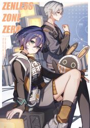  1boy 1girl bangboo_(zenless_zone_zero) belle_(zenless_zone_zero) black_shirt black_thighhighs blue_hair blue_jacket brother_and_sister closed_mouth commentary_request copyright_name crossed_bangs earrings eous_(zenless_zone_zero) green_eyes grey_hair hair_between_eyes hana_(nemukunai87) highres jacket jewelry looking_at_viewer shirt short_hair siblings single_thighhigh sitting smile sparkle television thigh-highs wise_(zenless_zone_zero) zenless_zone_zero 