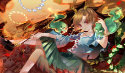  1girl antlers black_shoes blonde_hair blue_shirt bracelet chinese_commentary closed_mouth commentary_request danmaku dragon_girl dragon_horns dragon_tail green_nails highres holding holding_smoking_pipe horns jewelry kicchou_yachie kiseru long_sleeves looking_at_viewer ni_shi_zhen_xi otter_spirit_(touhou) red_eyes shirt shoes short_hair skull smile smoking_pipe socks solo square_neckline tail touhou turtle_shell white_socks wide_sleeves yellow_horns 