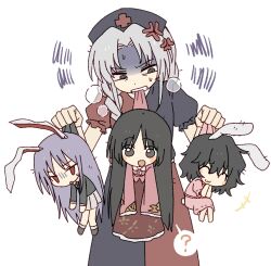  4girls ? ^_^ aged_down anger_vein angry animal_ears bamboo_print black_eyes black_hair black_jacket blazer blue_dress blue_hat bow bowtie braid child closed_eyes collared_shirt commentary_request cross cross_print dibitaki11 dress grey_hair hat houraisan_kaguya inaba_tewi jacket korean_commentary lifting_person long_hair long_skirt long_sleeves mouth_hold multiple_girls necktie nurse_cap open_mouth pink_dress pink_shirt print_hat print_skirt purple_hair rabbit_ears rabbit_girl rabbit_tail red_cross red_dress red_eyes red_necktie red_skirt reisen_udongein_inaba ribbon-trimmed_dress ribbon_trim shirt simple_background single_braid skirt sleeves_past_fingers sleeves_past_wrists spoken_question_mark sweat tail touhou two-tone_dress very_long_hair white_background white_bow white_bowtie white_shirt white_skirt wide_sleeves yagokoro_eirin 
