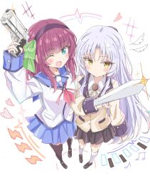  2girls :d akure1129 angel_beats! aqua_eyes arm_up black_hairband black_shoes black_skirt black_thighhighs blue_skirt blush foreshortening from_above full_body gun hairband hand_sonic handgun highres holding holding_gun holding_weapon jacket kneehighs loafers long_hair looking_at_viewer miniskirt multiple_girls nakamura_yuri neckerchief one_eye_closed open_mouth parted_bangs pentacle purple_hair red_neckerchief school_uniform shinda_sekai_sensen_uniform shirt shoes skirt smile socks tachibana_kanade thigh-highs weapon weapon_request white_shirt white_socks yellow_eyes yellow_jacket 