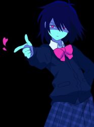  1other black_background black_cardigan blue_hair blue_skin bow bowtie cardigan closed_mouth collared_shirt colored_skin commentary deltarune english_commentary hand_on_own_hip heart helllmari kris_(dark_world)_(deltarune) kris_(deltarune) kris_(school_uniform)_(deltarune) long_sleeves other_focus pink_bow pink_bowtie pink_eyes plaid_clothes plaid_skirt pointing school_uniform shirt simple_background skirt utdr_(toby_fox) white_shirt 