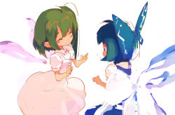  2girls blue_dress blue_eyes blue_hair cirno closed_eyes commentary_request cowboy_shot daiyousei dress green_hair high_side_ponytail ice ice_wings looking_at_another multiple_girls puffy_short_sleeves puffy_sleeves purple_wings short_hair short_sleeves side_ponytail simple_background tcmk touhou white_background white_dress wings 