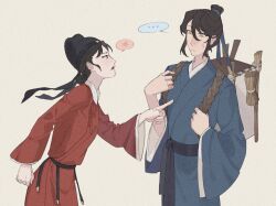  ... 2girls absurdres anger_vein annoyed black_eyes black_hair blue_hanfu blue_ribbon charathegay chinese_clothes commentary futou hair_ribbon hanfu highres jing_wei_qing_shang multiple_girls nangong_jingnu pointing qiyan_agula red_hanfu ribbon spoken_anger_vein spoken_ellipsis topknot yellow_eyes 