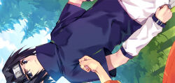 2boys arm_warmers black_eyes black_hair carnelian clenched_hand commentary_request forehead_protector frown konohagakure_symbol male_focus multiple_boys naruto_(classic) naruto_(series) orange_pants pants sideways tree uchiha_sasuke uzumaki_naruto white_arm_warmers 