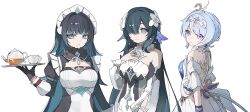  3girls bare_shoulders black_dress black_gloves closed_mouth commentary_request cup danica_(genshin_impact) detached_sleeves dress fins flower genshin_impact glass_teapot gloves green_hair hair_flower hair_intakes hair_ornament hair_over_one_eye hand_up head_fins highres holding holding_plate juliet_sleeves long_hair long_sleeves looking_at_viewer maid maid_headdress multiple_girls odette_(genshin_impact) one_eye_covered plate puffy_sleeves ryo_(ryo_0x0_06) short_hair simple_background teapot very_long_hair violet_eyes vodyanitsa_(genshin_impact) white_background white_dress white_flower white_sleeves 