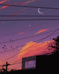  absurdres artist_name bird building clouds commentary_request crescent_moon fangpeii flock highres moon no_humans original outdoors power_lines signature sky star_(sky) starry_sky sunset tree utility_pole 