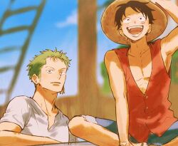  2boys bare_shoulders black_hair blue_shorts blue_sky blurry blurry_background closed_mouth collarbone commentary_request earrings feet_out_of_frame gohan_ooo green_hair hand_up hat indian_style jewelry male_focus monkey_d._luffy multiple_boys one_piece open_mouth outdoors red_vest roronoa_zoro scar scar_on_cheek scar_on_face shirt short_hair shorts sitting sky straw_hat upper_body vest white_shirt 