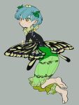  1girl adapted_costume antennae aqua_hair barefoot black_dress blush_stickers butterfly_wings chamaruku closed_mouth dress eternity_larva eyebrows_visible_through_hair fairy full_body green_dress grey_background hair_between_eyes leaf leaf_on_head multicolored_clothes multicolored_dress short_hair short_sleeves simple_background sketch smile solo touhou wings yellow_eyes 