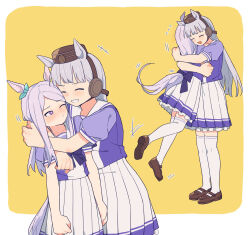  +++ 2girls ^_^ animal_ears bow bowtie brown_hat brown_shoes chinese_commentary closed_eyes closed_mouth coldcat. commentary ear_bow gold_ship_(umamusume) green_bow grin hat highres horse_ears horse_girl horse_tail hug lifting_person long_hair mary_janes mejiro_mcqueen_(umamusume) multiple_girls multiple_views open_mouth pleated_skirt puffy_short_sleeves puffy_sleeves purple_bow purple_bowtie purple_hair purple_shirt school_uniform shirt shoes short_sleeves skirt smile standing tail thigh-highs tracen_school_uniform umamusume violet_eyes white_skirt white_thighhighs yellow_bow 