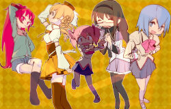  5girls akemi_homura akemi_homura_(magical_girl) black-framed_eyewear black_hair black_pantyhose black_skirt blonde_hair blue_eyes blue_hair blue_hoodie blue_shorts bow bowtie brown_thighhighs checkered_background closed_eyes closed_mouth commentary_request corset denim denim_shorts detached_sleeves drill_hair food food_in_mouth full_body fur-trimmed_shorts fur_trim glasses hair_ribbon hand_in_own_hair hood hoodie juliet_sleeves kaname_madoka long_hair long_sleeves looking_afar looking_at_viewer magical_girl mahou_shoujo_madoka_magica mahou_shoujo_madoka_magica_(anime) miki_sayaka mitakihara_school_uniform multiple_girls open_mouth pantyhose pink_bow pink_bowtie pink_eyes pink_hair pleated_skirt pocky pocky_in_mouth ponytail puffy_sleeves red_eyes red_hair ribbon sakura_kyoko school_uniform shirt short_hair short_twintails shorts skirt smile sweater tcmk thigh-highs tomoe_mami tomoe_mami_(magical_girl) twin_drills twintails white_shirt yellow_background yellow_skirt yellow_sweater 