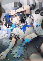  1girl absurdres akebi_(moriyama_meiko) bandaged_arm bandages bandaid bandaid_on_arm black_sailor_collar black_shoes black_skirt blue_eyes blue_flower blue_hair cowboy_shot crop_top crosswalk dated day dot_nose drawing_(object) eraser eyelashes fingernails flower flower_on_face hair_between_eyes hair_ornament hairclip highres loafers looking_at_viewer lying midriff moriyama_meiko multicolored_hair navel on_back original outdoors paint paint_palette paint_tube paintbrush paper pen pencil people pleated_skirt rain sailor_collar school_uniform shirt shoes short_hair short_sleeves sidelocks skirt solo_focus streaked_hair sunlight water_drop wet wet_clothes wet_hair wet_shirt white_shirt 