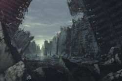  building city clouds cloudy_sky commentary_request concrete day m_p_m muted_colors no_humans original outdoors post-apocalypse rebar rubble ruins scenery sky skyscraper 