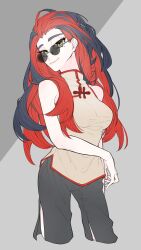  1girl alternate_costume bare_shoulders black_hair black_pants breasts carmine_(pokemon) chinese_clothes colored_inner_hair crossed_bangs grey_background hair_between_eyes hair_pulled_back highres large_breasts long_hair looking_at_viewer mole mole_under_eye multicolored_hair ofuton_1414 pants pokemon pokemon_scarlet_and_violet red_hair round_eyewear shirt simple_background sleeveless solo standing sunglasses upper_body yellow_shirt 