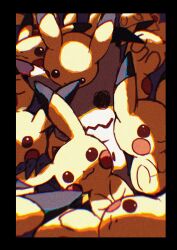  absurdres black_eyes commentary_request disguise drawn_eyes hiding highres mimikyu no_humans pikachu pokemon pokemon_(creature) pokemon_focus shadow solid_oval_eyes stuffed_toy uni_pkmn 