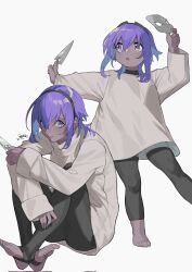  1girl :o aged_down black_hairband black_leggings casual crossed_ankles dark-skinned_female dark_skin dated fate/grand_order fate_(series) full_body grey_shirt hairband hassan_of_serenity_(fate) highres holding holding_kunai holding_weapon hugging_own_legs kunai leggings light_blush long_sleeves looking_at_viewer mask medium_hair multiple_views nao_(syn_eaa) shirt signature simple_background sitting skull_mask stirrup_legwear toeless_legwear toes violet_eyes weapon white_background 