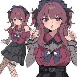  1girl :o bare_shoulders belt black_belt black_bow black_skirt blue_bow blue_bowtie blush bow bowtie brown_eyes buckle cevio claw_pose closed_mouth commentary feet_out_of_frame fishnet_pantyhose fishnets grey_shirt hair_bow hands_up heart heart-shaped_buckle highres long_hair long_sleeves looking_at_viewer multiple_views nail_polish natsuki_karin open_mouth pantyhose pleated_skirt red_hair red_nails red_shirt shirt simple_background skirt standing synthesizer_v tomyo_(dm6zbc) two_side_up untranslatable_commentary v-shaped_eyebrows white_background 