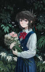  1girl absurdres black_hair blue_dress bouquet bow bowtie brown_eyes collared_shirt commentary dark_background dress flower highres holding holding_bouquet holding_flower jili51232 leaf long_sleeves looking_at_viewer messy_hair mole multiple_hair_ribbons nature original painterly pinafore_dress pink_flower plant red_bow red_bowtie rose school_uniform shirt sleeveless sleeveless_dress smile solo spider_lily standing upper_body white_flower white_shirt 
