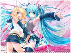  2000s_(style) 2girls :d animecore arched_back arm_out arm_warmers belt black_shorts black_skirt blonde_hair blue_eyes blue_hair blue_tie detached_sleeves fanart frutiger_metro grey_shirt hair_accessories hair_ornament hairclip hatsune_miku headphones kagamine_rin lace_trim long_hair lowrise medium_breasts musical_note painted_nails pink pink_background reaching roozaku sailor_collar sailor_shirt short_hair short_shorts skirt sleeveless small_breasts smile sparkle spiky_hair teal_eyes teal_hair thigh-highs tie_clip twintails unbuckled_belt vocaloid vocaloid2 white_bow white_shirt wind_lift yellow_belt yellow_bow yellow_eyes yuri 