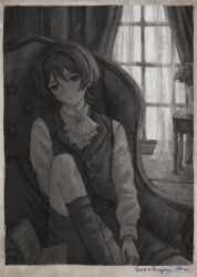  1boy alternate_costume ascot blunt_ends book chair choppy_bangs commentary curtains empty_eyes english_commentary expressionless flower genshin_impact hair_intakes highres indoors knee_up lapels long_sleeves looking_to_the_side lower_eyelashes_only male_focus open_book pillow popped_collar scaramouche_(genshin_impact) sepia shorts sitting socks solo tsurime undershirt variant_set vase vest window wolf_cut yoruli_e 