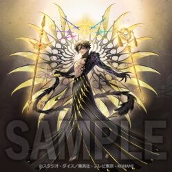  1boy anonymous_(yu-gi-oh!) black_hair black_nails blonde_hair body_fur detached_wings duel_monster earrings gradient_hair green_eyes heterochromia jewelry medicurius_the_power_patron_of_illusions multicolored_hair official_art polearm sample_watermark short_hair tail tassel third_eye toeless_legwear topless_male violet_eyes watermark weapon wings yu-gi-oh! 