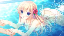  1boy 1girl air_bubble arms_up bikini blonde_hair blue_eyes blush braid breasts bubble dutch_angle floating flower from_side game_asset hair_flower hair_ornament halterneck holding_hands hoshi_furu_yoru_no_farnese large_breasts long_hair looking_at_another looking_up lying non-web_source nose_blush on_stomach open_mouth partially_underwater_shot pool self-datamine splashing spread_legs swimming swimsuit very_long_hair water white_bikini yukie_(peach_candy) yves_klein 