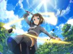 1girl arm_up black_legwear blue_eyes blue_sky brown_hair closed_mouth clouds day from_below frown game_cg grey_shirt grey_skirt holding holding_sword holding_weapon long_sleeves miniskirt necktie outdoors pleated_skirt ronye_arabel shirt short_hair skirt sky solo standing sunlight sword sword_art_online sword_art_online:_alicization_rising_steel thigh-highs weapon white_necktie zettai_ryouiki 