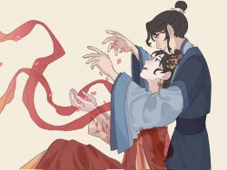  2girls black_eyes black_hair blue_hanfu charathegay chinese_clothes commentary corrupted_twitter_file earrings floating_earrings hanfu highres huadian jewelry jing_wei_qing_shang multiple_girls nangong_jingnu open_mouth petals pink_petals qiyan_agula red_hanfu smile topknot xiao_guan_(headdress) yellow_eyes yuri 