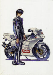  1boy aprilia aprilia_rs250 biker_clothes bikesuit black_bodysuit black_eyes black_hair bodysuit celephais_(novel) commentary_request helmet highres holding holding_unworn_helmet kinutani_yuu looking_at_viewer male_focus motor_vehicle motorcycle_helmet official_art page_number painting_(medium) short_hair simple_background solo touguu_kihachirou traditional_media unworn_headwear unworn_helmet watercolor_(medium) white_background 