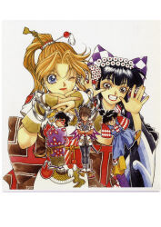  1990s_(style) 2girls 3boys arm_warmers arms_behind_head arms_up back_bow black_eyes black_hair black_kimono black_pantyhose blonde_hair blue_eyes blue_hakama bow brown_bow brown_eyes brown_hair checkered_bow checkered_clothes commentary_request cross_scar curtained_hair dango dragon_print facepaint flame_print food geta grin hair_bow hair_ornament hair_stick hakama hakama_pants hands_up high_ponytail highres hiraga_genuchi hitenmaru_(jaja-hime_buyuuden) interlocked_fingers jaja-hime jaja-hime_buyuuden japanese_clothes kataginu katana kimono kinutani_yuu large_bow lipstick long_hair looking_at_viewer makeup making_faces mizuchimaru_(jaja-hime_buyuuden) mouth_hold multiple_boys multiple_girls nihongami obi official_art one_eye_closed open_hands painting_(medium) pants pantyhose ponytail print_kimono purple_bow purple_kimono red_lips red_sash retro_artstyle sandals sash scar scar_on_cheek scar_on_face short_hair short_kimono short_sleeves simple_background smile socks standing sword sword_on_back tabi tengu-geta topknot traditional_media ugetsu-hime wagashi watercolor_(medium) weapon weapon_on_back white_background white_kimono white_socks wide_sleeves wrist_wrap yellow_arm_warmers yellow_sash zouri 
