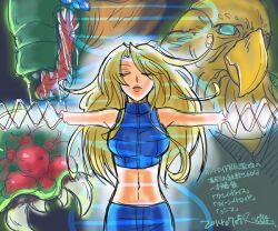  blonde_hair blue_shorts chozo closed_eyes commentary crop_top dated double_helix gray_voice green_eyes lr18met metroid metroid_(creature) metroid_fusion midriff outstretched_arms queen_metroid samus_aran shorts zero_suit 