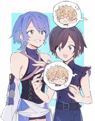  2boys 2girls aqua_(kingdom_hearts) aqua_background attakaimizu7619 bare_shoulders black_dress black_hair blue_eyes blue_hair blue_shirt blush_stickers border breasts chest_strap closed_eyes commentary_request detached_sleeves dress hair_between_eyes highres kingdom_hearts kingdom_hearts_iii medium_breasts multiple_boys multiple_girls musical_note open_mouth parted_lips roxas sharp_teeth shirt short_hair sideboob single_blush_sticker smile teeth ventus_(kingdom_hearts) white_border white_sleeves xion_(kingdom_hearts) 