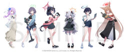  6+girls absurdly_long_hair absurdres animal_ears atsuko_(blue_archive) backpack bag bare_shoulders black_bag black_dress black_hair black_sandals black_shoes black_skirt black_sports_bra blue_archive blue_eyes blue_flower blue_halo blue_jacket blue_shorts brown_eyes brown_hair camera chiaki_(blue_archive) chihiro_(blue_archive) closed_mouth commentary_request computer dress flower fox_ears fox_girl green_eyes green_halo green_skirt grey_hair hair_flower hair_ornament halo headphones higashigure highres holding holding_camera holding_laptop jacket kanoe_(blue_archive) laptop long_hair looking_at_viewer multiple_girls off-shoulder_shirt off_shoulder official_alternate_costume official_alternate_hairstyle one_eye_closed open_clothes open_jacket pink_shirt pointy_ears ponytail purple_hair red_eyes red_shirt rumi_(blue_archive) saki_(blue_archive) sandals see-through_clothes see-through_jacket shirt shoes short_hair shorts shoulder_bag skirt sneakers sports_bra t-shirt toes two_side_up very_long_hair white_bag white_jacket white_sandals white_shirt white_shoes yellow_halo 