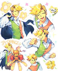  1girl 2boys annoyed black_cape blonde_hair boxing_gloves brooch cape closed_eyes closed_mouth collared_shirt commentary deltarune english_text flower flower_brooch flower_costume flowery_(deltarune) flowey_(undertale) furry furry_female gloves green_vest headband highres holding holding_mini_person holding_unworn_cape holding_unworn_clothes jewelry long_sleeves lower_teeth_only mini_person minigirl mouse_girl multiple_boys multiple_expressions open_mouth orange_(deltarune) orange_fur orange_gloves orange_headband orange_vest puffy_long_sleeves puffy_sleeves shirt short_hair sparkle teeth tongue two-tone_vest undercut undertale unworn_cape utdr_(toby_fox) very_short_hair vest white_background white_shirt wifi12341234 yellow_flower 