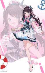 1girl aqua_eyes black_hair blue_eyes colored_inner_hair commentary_request dress fang hat highres holding holding_map isaya_(pixiv4541633) kaga_nazuna long_hair looking_at_viewer map mole mole_under_eye multicolored_hair neckerchief official_art open_mouth pink_hair pink_neckerchief sailor_collar sample_watermark sandals short_sleeves smile solo standing standing_on_one_leg virtual_youtuber vspo! watermark white_dress white_hat white_sailor_collar white_sandals white_wrist_cuffs wrist_cuffs zoom_layer 