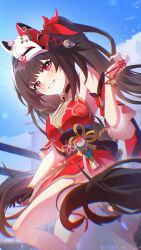  1girl absurdres bell breasts brown_hair chinese_commentary commentary_request dress fox_mask highres honkai:_star_rail honkai_(series) liangji_uu long_hair looking_at_viewer mask mask_on_head neck_bell red_dress red_eyes smile solo sparkle_(honkai:_star_rail) twintails very_long_hair 
