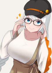  1girl a.i._voice absurdres adjusting_eyewear black-framed_eyewear black_hat blue_eyes breasts brown_skirt chougoukin_potato commentary_request glasses hands_up hat highres kizuna_akari kizuna_akari_(a.i._voice) large_breasts long_hair long_sleeves newsboy_cap puffy_long_sleeves puffy_sleeves shirt simple_background skirt solo sparkle suspender_skirt suspenders suspenders_slip upper_body vocaloid voiceroid white_background white_hair white_shirt 