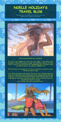  >_< 1girl 1other absurdres alt_text antlers backpack bag blog closed_eyes commentary deer_antlers deer_girl deltarune dress english_commentary english_text furry furry_female goomyloid hand_on_headwear hat highres horns kris_(deltarune) life_vest long_hair noelle_holiday open_mouth red_bag red_tank_top sitting smile snowflakes sun_hat tank_top unworn_vest utdr_(toby_fox) v vest white_dress 