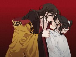  2girls absurdres black_hair blood blood_on_face brown_eyes charathegay chinese_clothes clothes_grab commentary english_commentary hanfu highres jing_wei_qing_shang long_hair looking_at_another multiple_girls nangong_jingnu open_mouth qiyan_agula red_background smeared_blood topknot yellow_eyes yellow_hanfu yuri 
