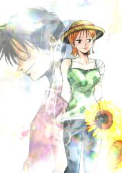  1boy 1girl absurdres arms_behind_back bandaged_shoulder bandages breasts brown_eyes camisole closed_mouth collarbone commentary_request feet_out_of_frame flower from_side green_camisole hat highres medium_breasts mixed-language_commentary monkey_d._luffy nami_(one_piece) nonem_db1004 official_alternate_costume one_piece orange_hair profile red_vest scar scar_on_cheek scar_on_face short_hair single_bare_shoulder single_sidelock smile spaghetti_strap straw_hat sunflower vest 