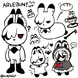  ... ? absurdres animal_ears arlecchino_(genshin_impact) black_eyes bread cup food fur-trimmed_poncho genshin_impact highres kurokicat multicolored_hair rabbit rabbit_ears sketch spoken_ellipsis streaked_hair stuffed_animal stuffed_toy symbol-shaped_pupils teacup twitter_username white_hair 