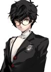  1boy amamiya_ren bangs black_hair black_jacket closed_mouth glasses highres jacket long_sleeves looking_at_viewer male_focus persona persona_5 pertex_777 red_eyes school_uniform shirt shuujin_academy_uniform signature simple_background snapping_fingers solo symbol-only_commentary upper_body white_background white_shirt 